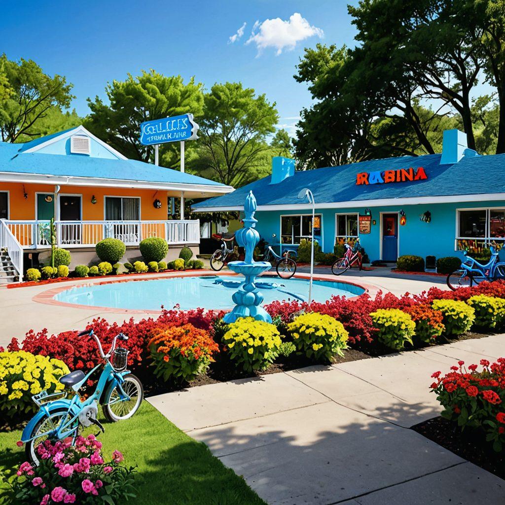 A cozy family-friendly motel surrounded by lush greenery, showcasing a welcoming entrance with a colorful sign. In the foreground, playful children engage in fun activities like cycling and playing games. Nearby, picturesque local attractions such as a small park with a fountain and unique sculptures are visible, under a blue sky. The scene radiates warmth and adventure, emphasizing family bonding and exploration. vibrant colors. super-realistic.