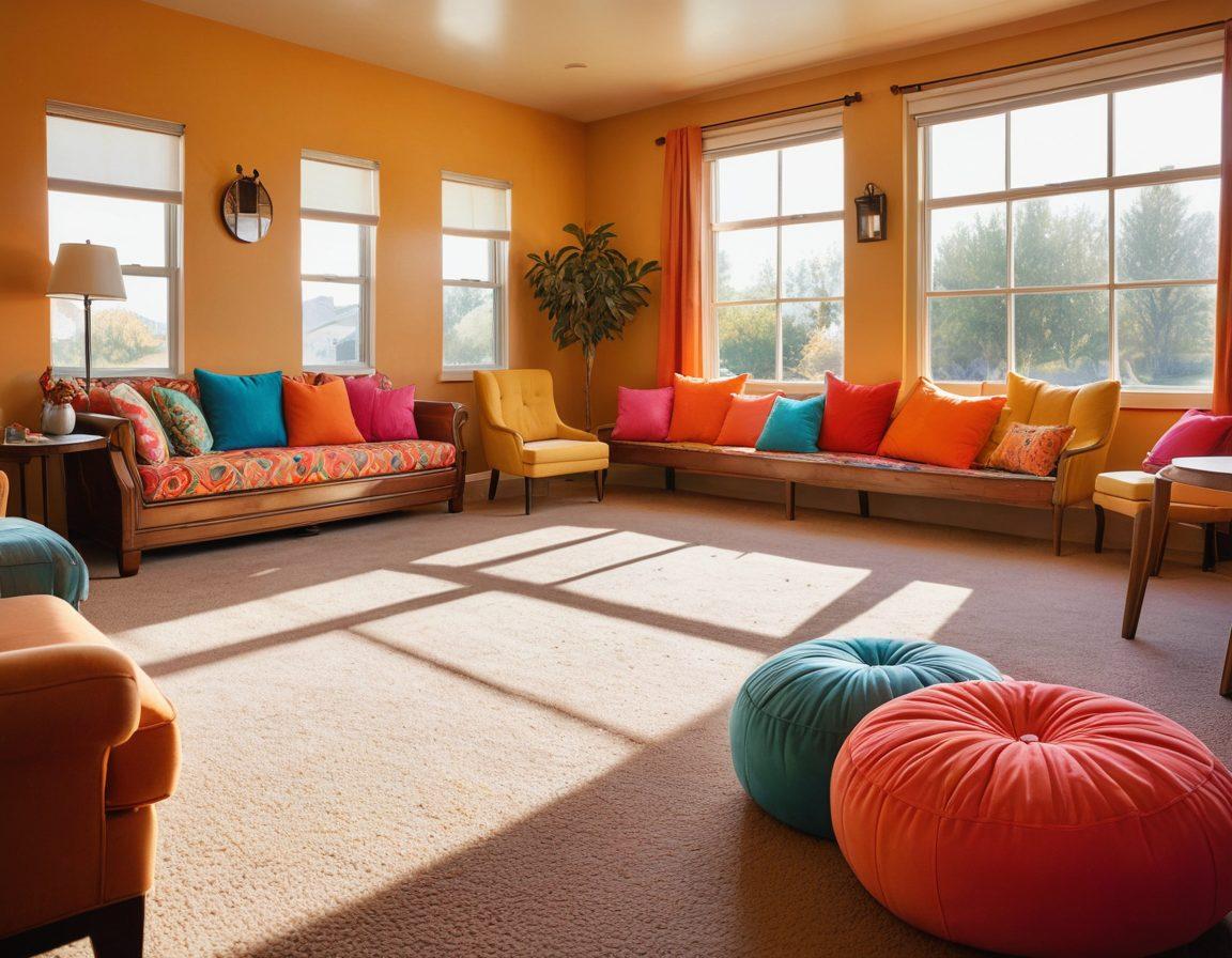 A cozy family-friendly motel room featuring vibrant bedding, a comfortable sitting area with a cheerful atmosphere, children playing with toys, and a welcoming reception area in the background. Bright sunlight filtering through the windows, creating a warm glow. The scene should evoke feelings of comfort and togetherness. super-realistic. vibrant colors. soft focus.