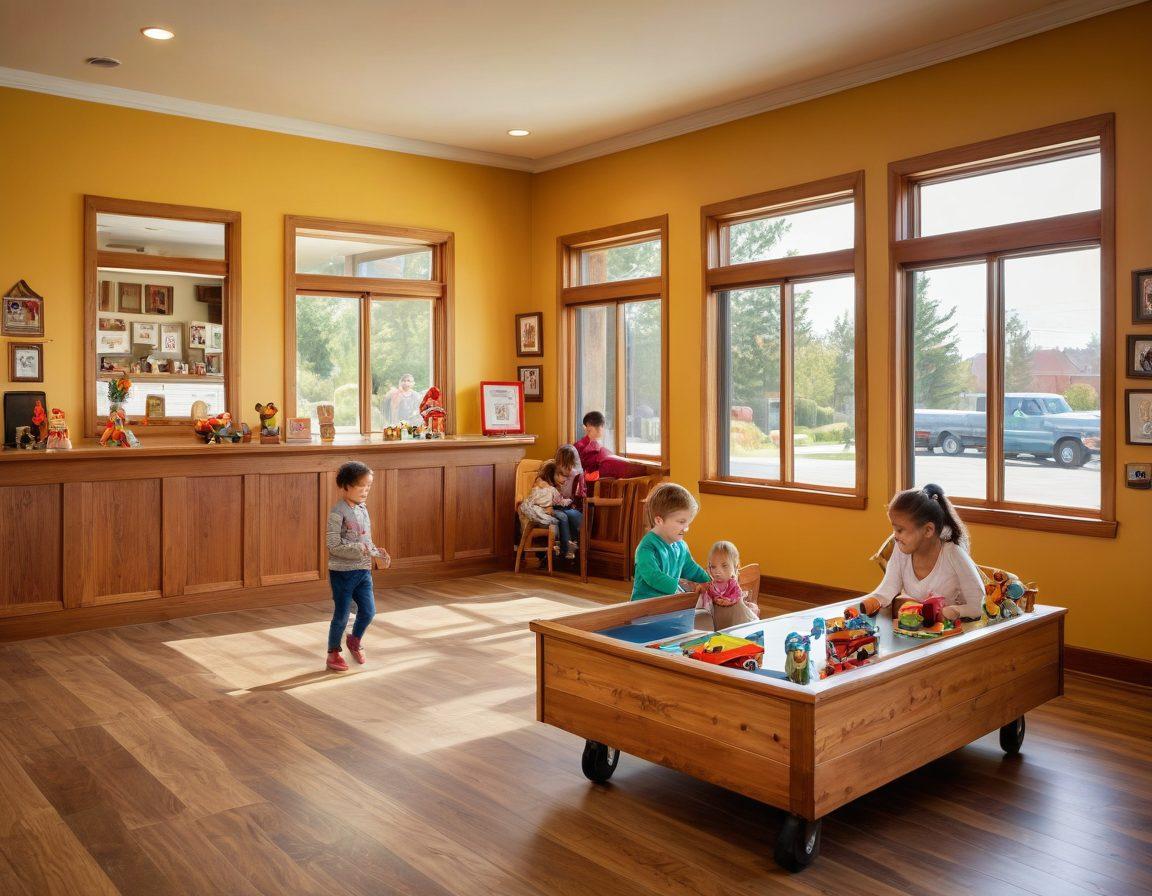 An inviting scene of a cozy motel lobby, featuring a welcoming reception desk with family photos on the walls, a play area for kids with bright toys, and a couple of families checking in with smiling faces. In the background, a large window shows a scenic view of a sunny outdoor space with kids playing. Emphasize a warm and friendly atmosphere. super-realistic. vibrant colors. inviting ambiance.